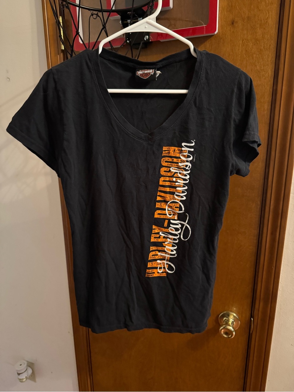 Harley-Davidson Black V-Neck Tee with Orange and White Vertical Logo